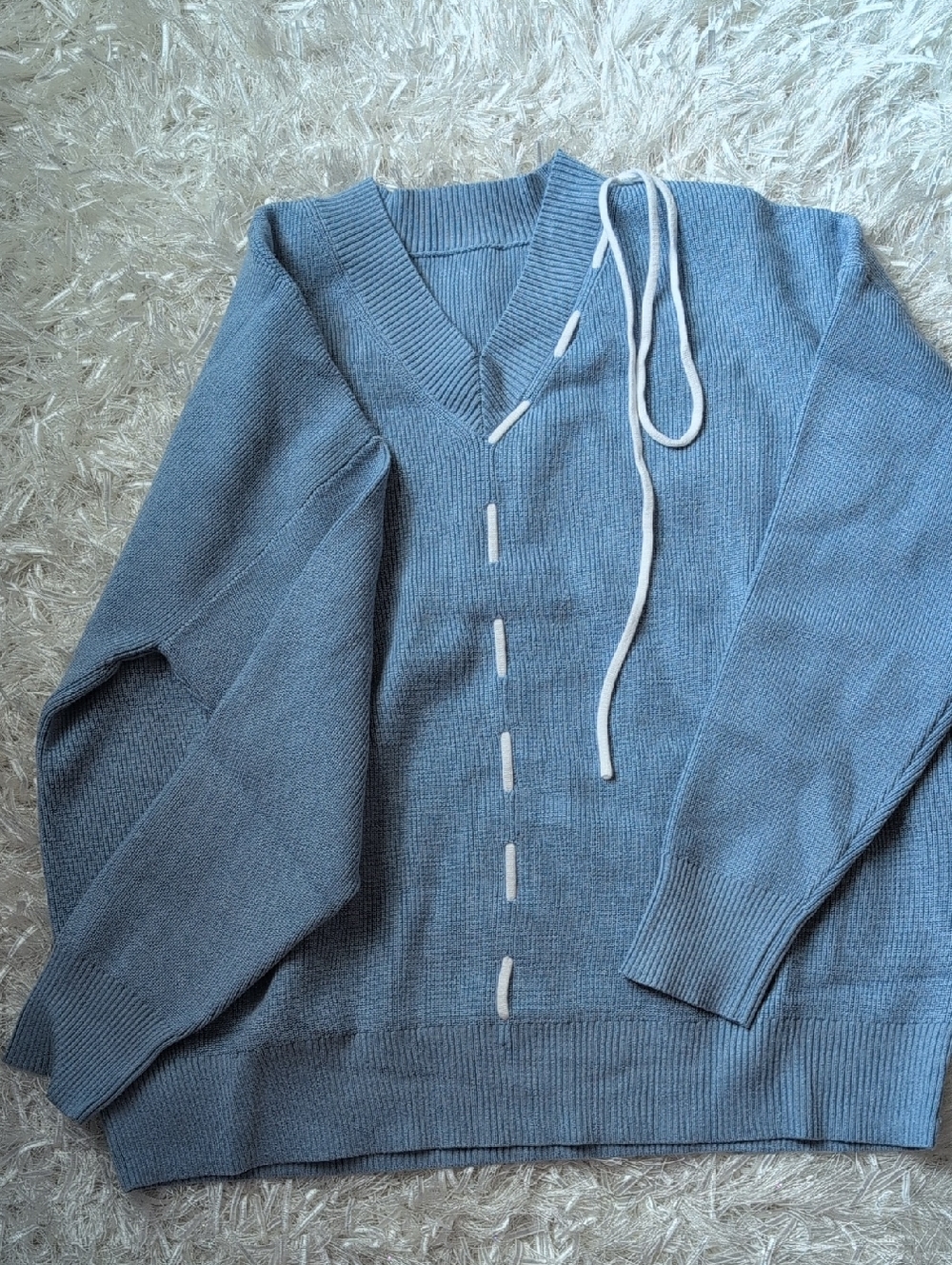 Women's V-Neck Knit Sweater in Light Blue with Drawcord